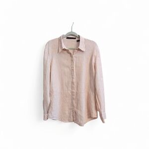 Perry Ellis Womens 100% Linen Dusty Rose Striped Long Sleeve Button Down Blouse